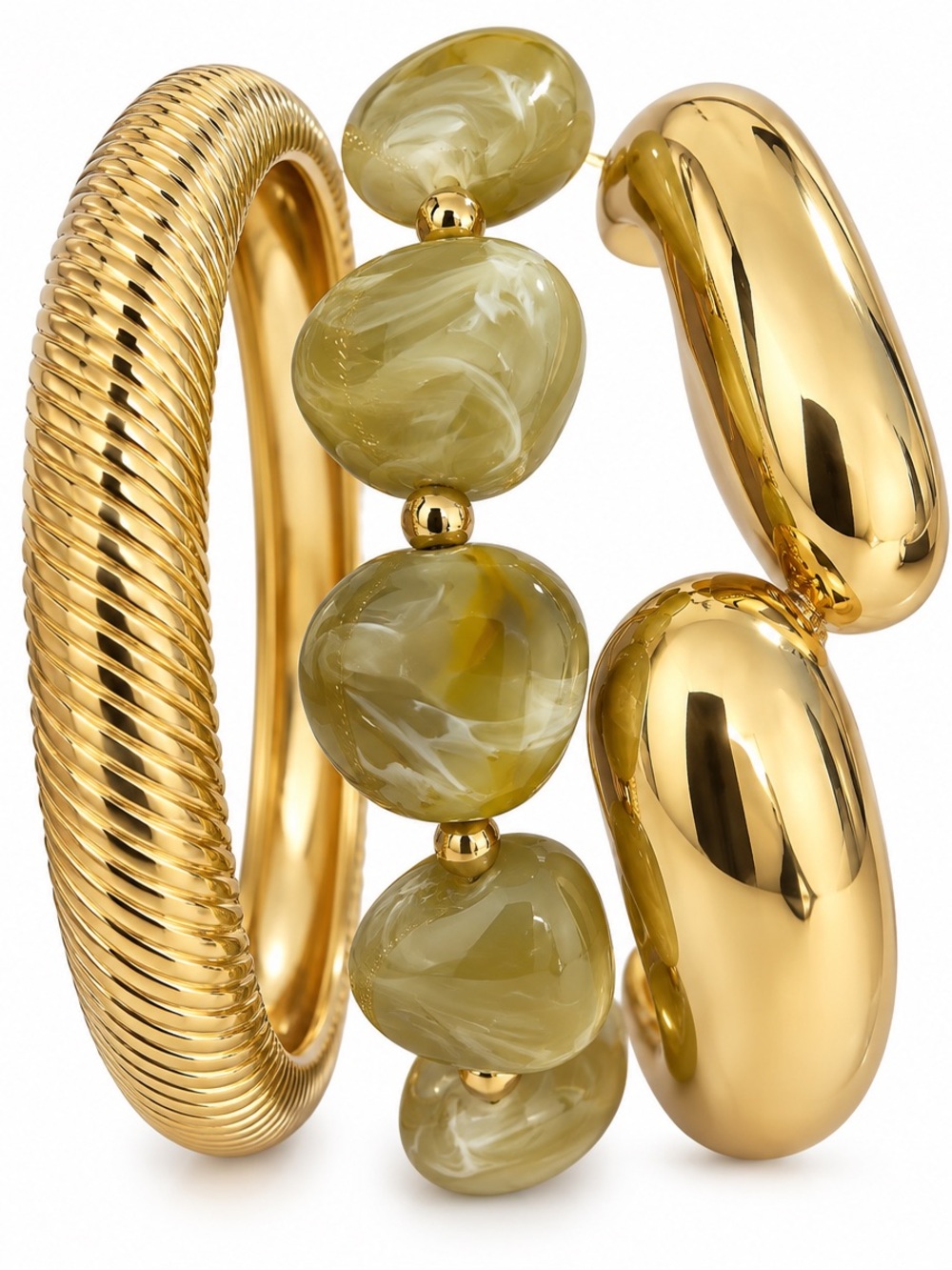Fashion Jewelry Gold Tone & Olive Green Bead Bracelet Set